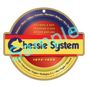 May include: A yellow, red, and blue circular sticker with the text "Chessie System" and the years "1973-1980". The sticker also lists the states and provinces that were part of the Chessie System railroad.