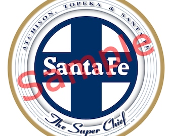 May include: A round, white and blue logo with the text "Santa Fe" in white letters on a blue background. The logo is surrounded by a gold ring with the text "Atchison, Topeka & Santa Fe" in black letters. The text "The Super Chief" is below the logo in black letters.
