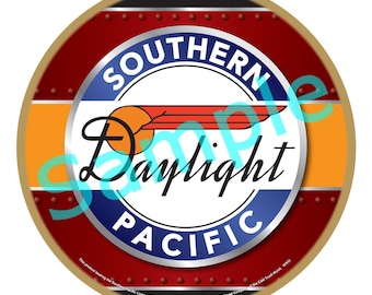 May include: Circular sign with the Southern Pacific Daylight logo. The design features a red background with rivets, an orange stripe, and a central emblem with the words "Southern Daylight Pacific". The sign has a gold border.