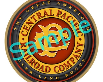 May include: A round, gold-coloured ornament with a black and red border. The ornament features the text "The Great American Central Pacific Railroad Company Over Land Route" and a stylised "CP" logo in gold.