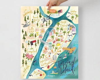Topsail Island Illustrated Map Poster Print