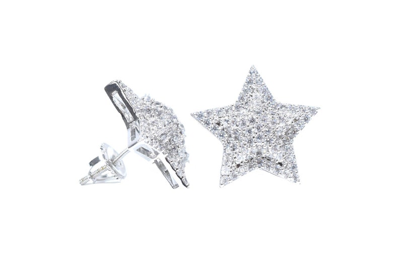 White Gold Finish Iced Out Hip Hop Pave Lab Diamonds Custom 6 Point Star Designer Screw Back Earrings New