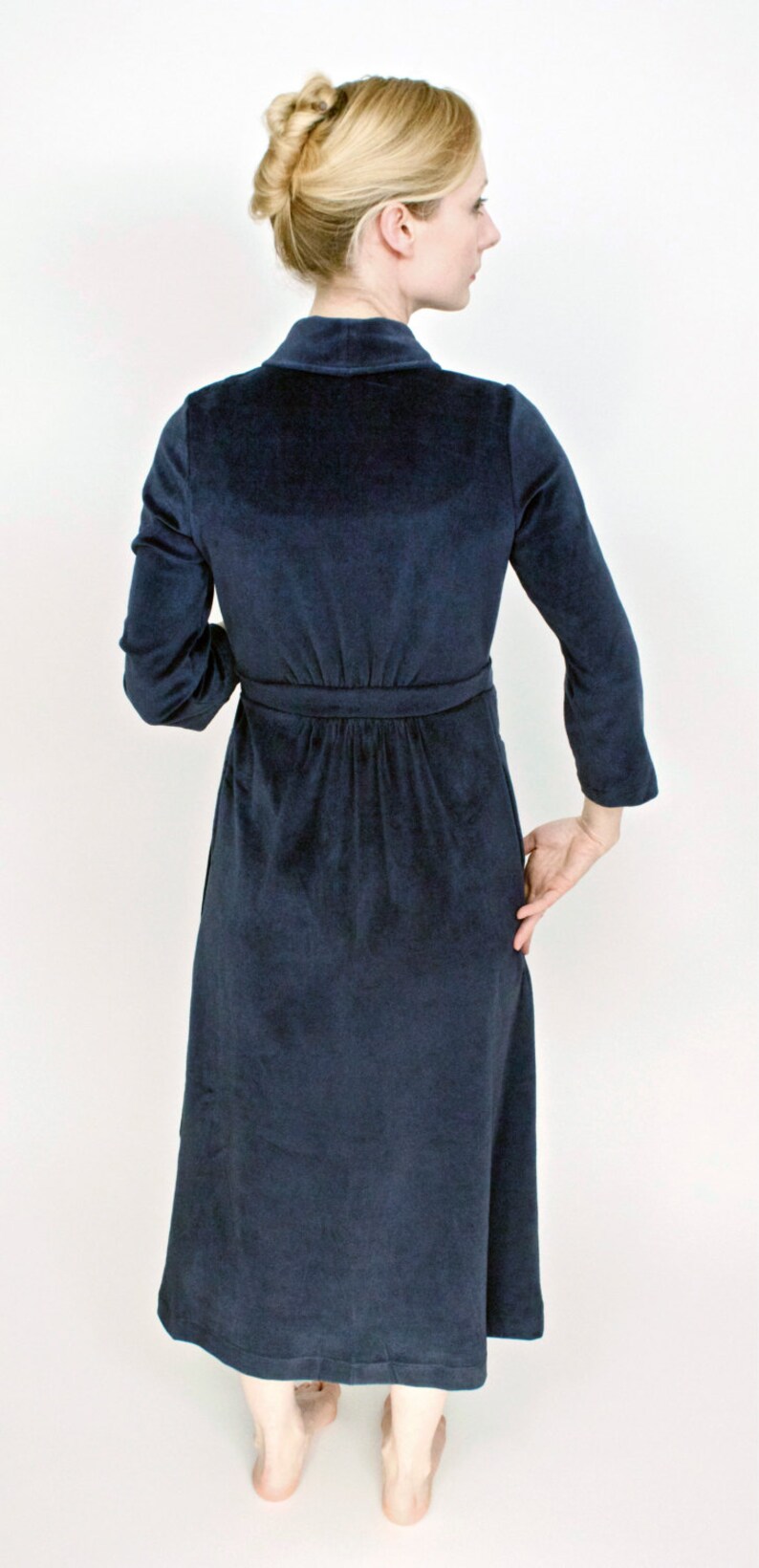 Navy Cotton Velour Kimonostyle Robe, Women's Bathrobe, Housecoat