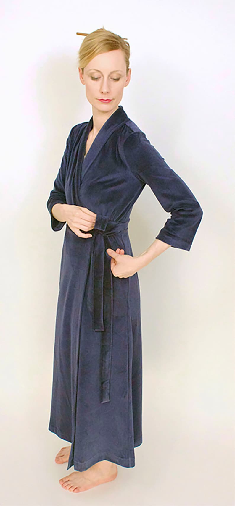 Navy Cotton Velour Kimonostyle Robe, Women's Bathrobe, Housecoat