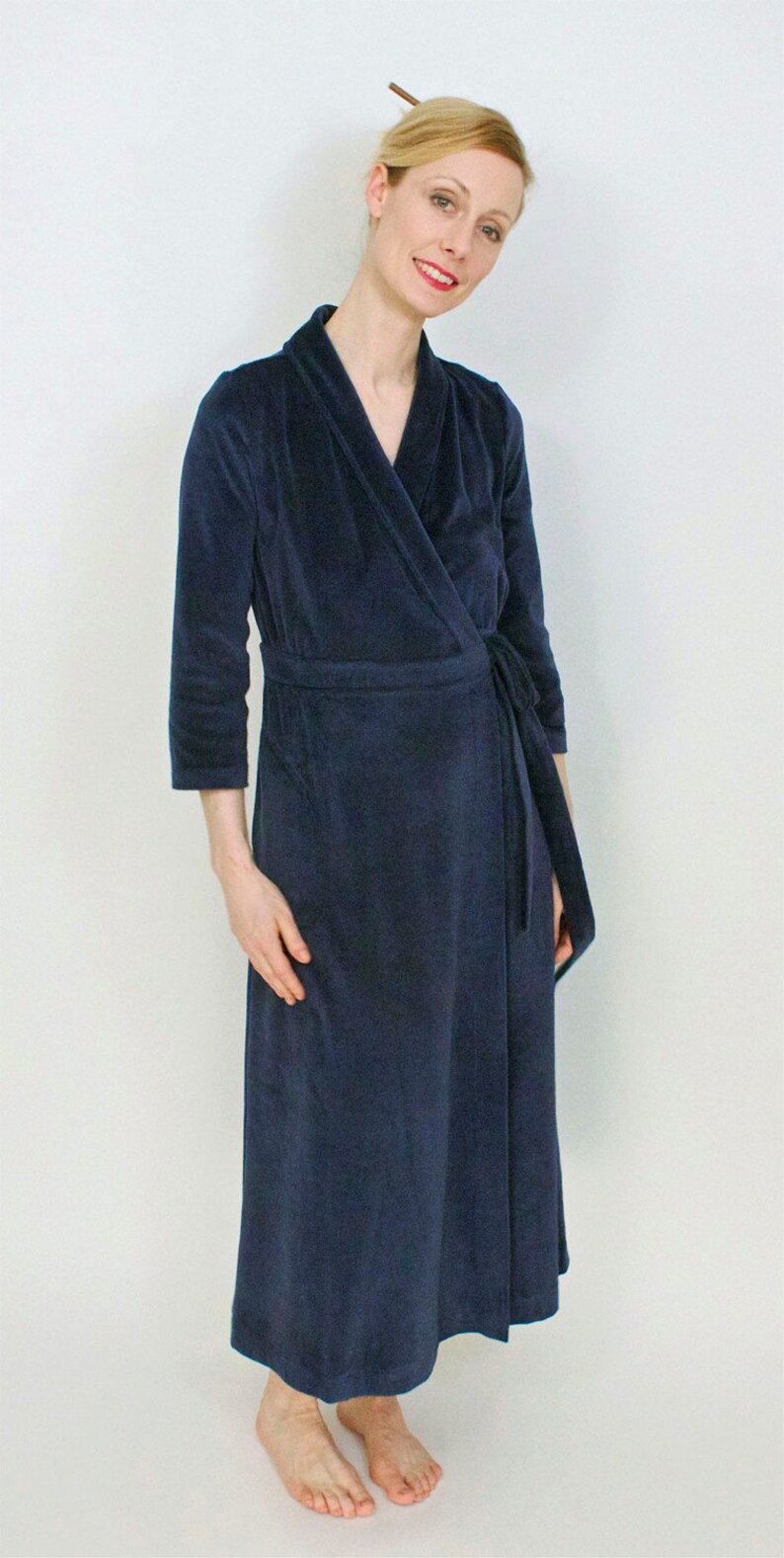 Navy Cotton Velour Kimonostyle Robe, Women's Bathrobe, Housecoat