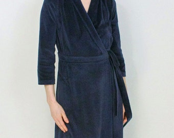 Navy Cotton Velour Kimono-style Robe, Women's Bathrobe, Housecoat, Luxurious, Cozy