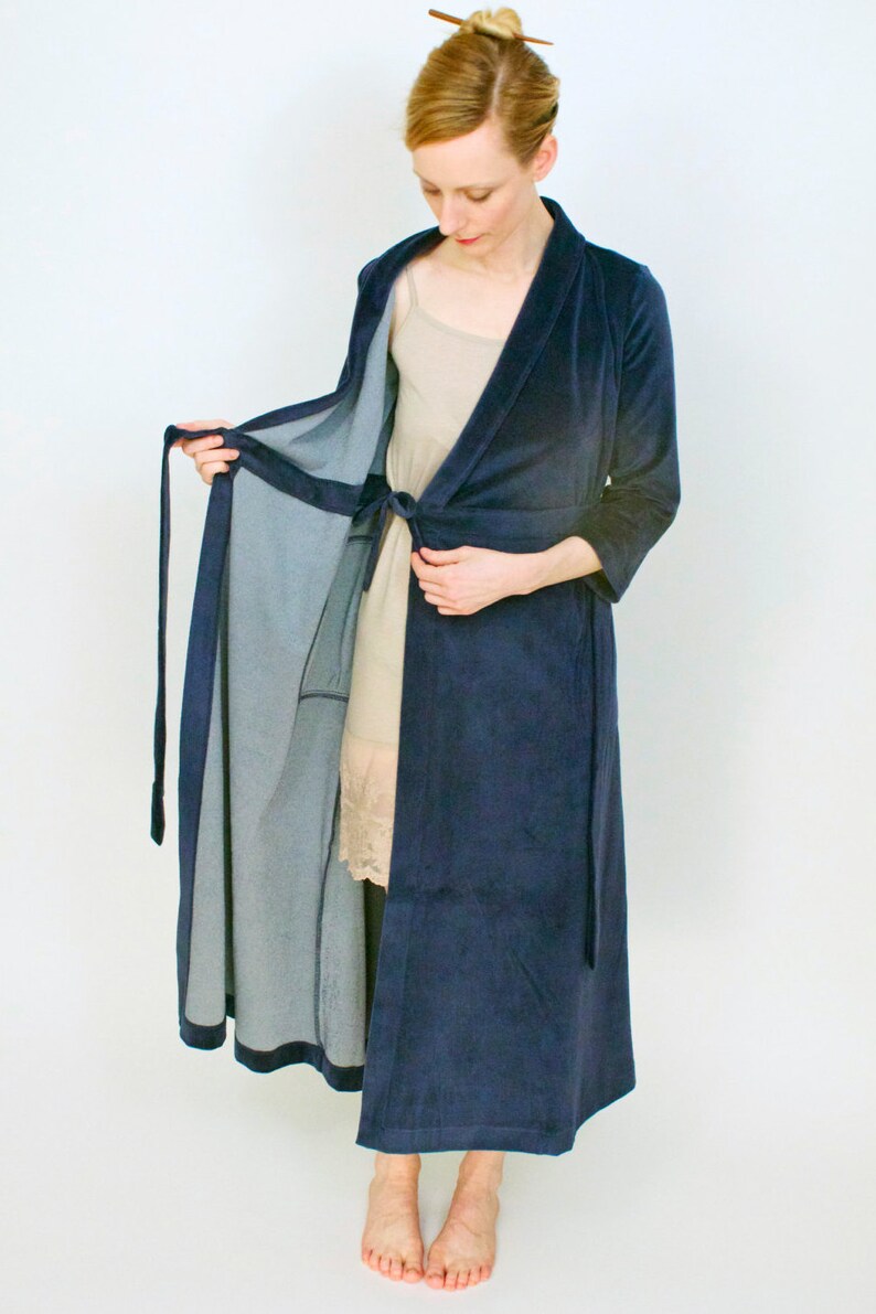 Navy Cotton Velour Kimonostyle Robe, Women's Bathrobe, Housecoat