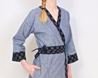 Linen/Cotton Chambray Kimono-style Robe, Women's Bathrobe, Housecoat