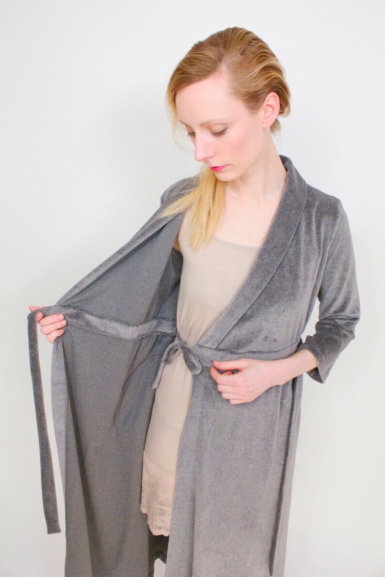 Gray Cotton Velour Kimonostyle Robe, Women's Bathrobe, Housecoat