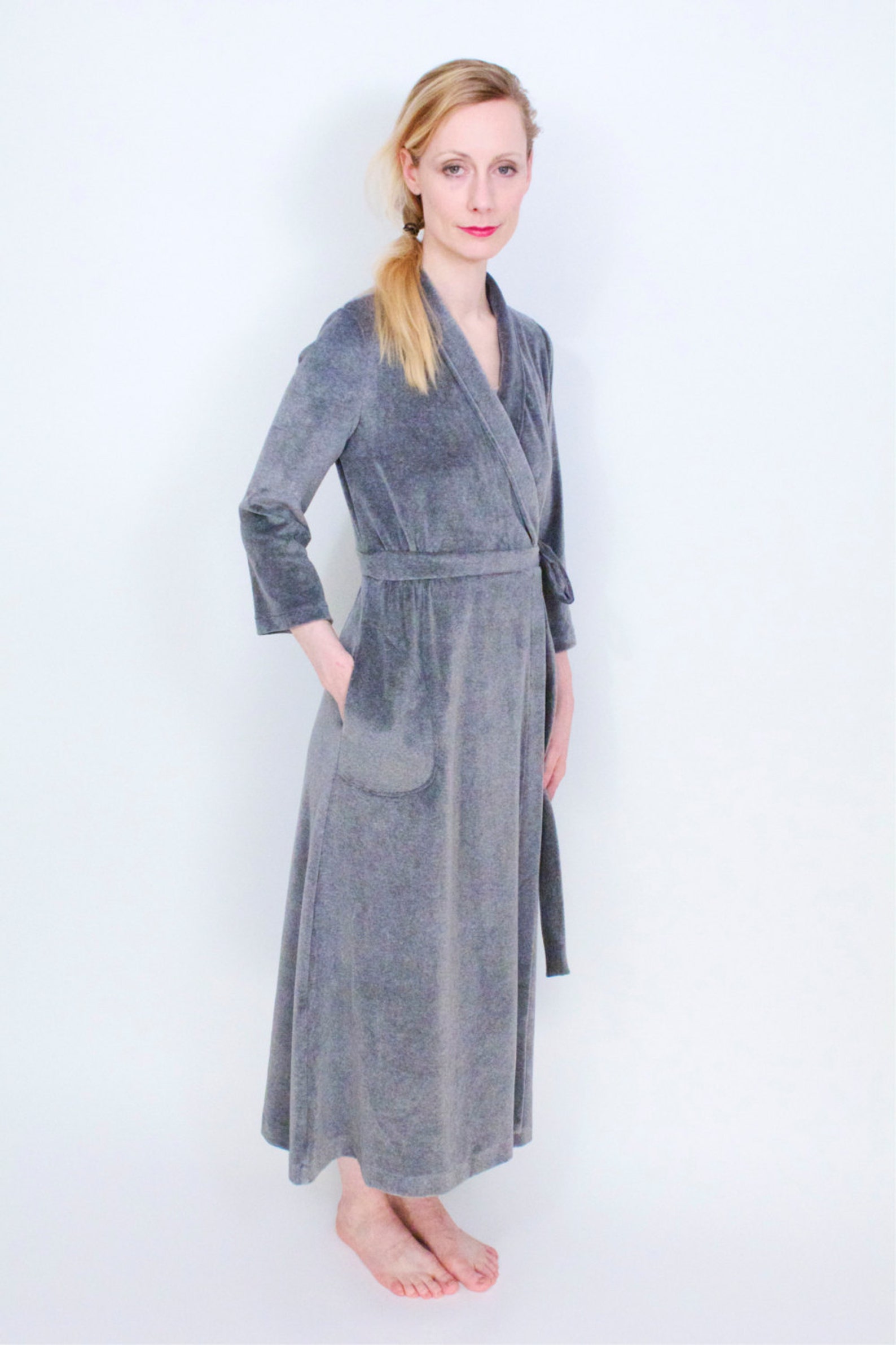 Gray Cotton Velour Kimonostyle Robe, Women's Bathrobe, Housecoat