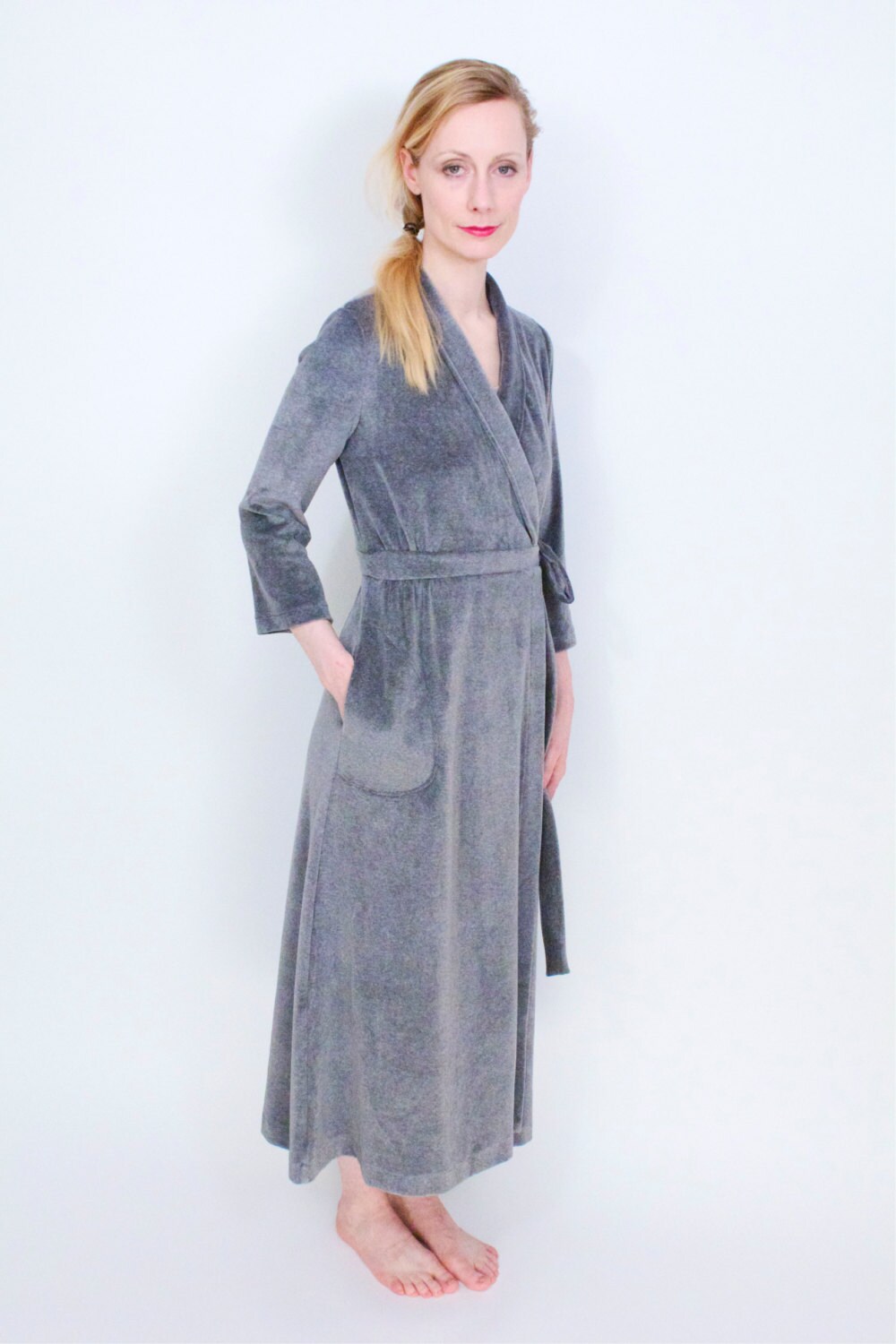 Gray Cotton Velour Kimonostyle Robe, Women's Bathrobe, Housecoat