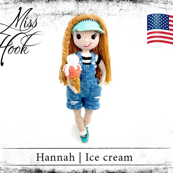 Crochet doll pattern amigurumi summer ice cream dungarees eBook (english) PDF instructions