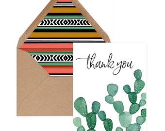 Set of 12 Fiesta Thank You Card- Cactus and Mexican Blanket Print Envelopes
