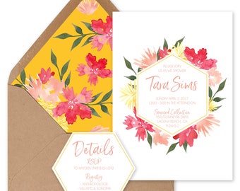Bridal Shower Invitation- Geometric Floral Shower Invitation and Detail Card
