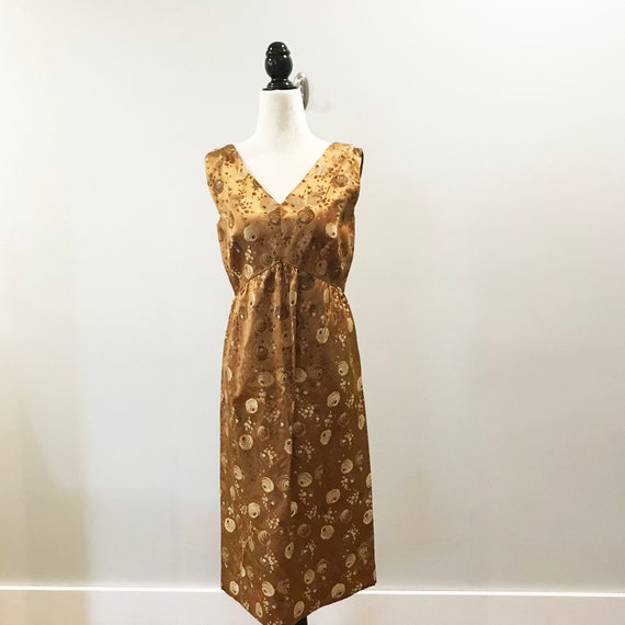 1960s shiny copper floral brocade dress