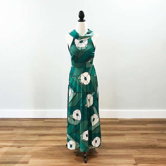 Vintage 1970s green floral sleeveless dress