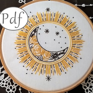 hand embroidery pattern pdf - sun and moon - beginner modern embroidery pattern- sun and moon needlework instant download