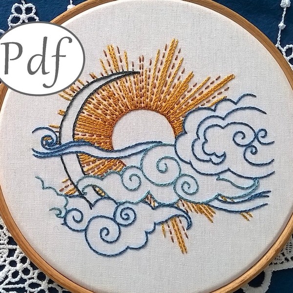 hand embroidery pattern pdf - sun and moon design - beginner modern embroidery pattern- sun and moon needlework instant download
