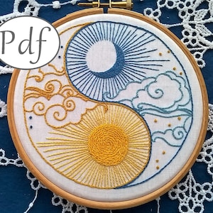 embroidery pattern pdf - sun and moon yin yang  - beginner embroidery pattern instant download -needlework tutorial - Instant download