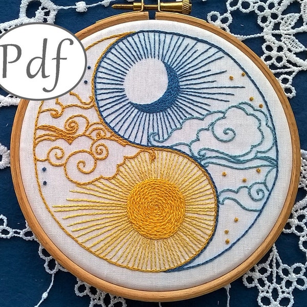 pdf motif de broderie traditionnelle - Soleil et Lune yin yang - motif de broderie téléchargeable - modèle de broderie