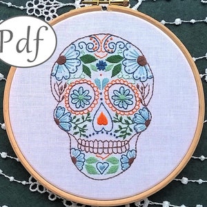 pdf pattern - hand embroidery Sugar skull - beginner stitching pattern instant download - modern embroidery