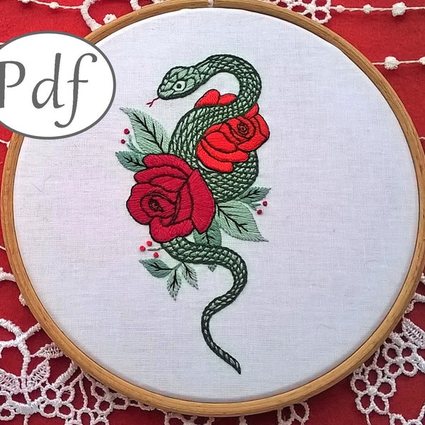 pdf motif de broderie traditionnelle - Serpent et roses - motif de broderie téléchargeable - modèle de broderie moderne inspiration tatouage