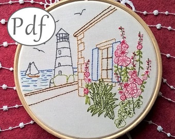 pdf pattern - "Ile de Ré" -  Lighthouse and sea hand embroidery pattern - stitching tutorial for beginner - Instant download