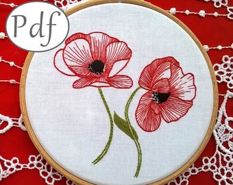 pdf pattern - poppies hand embroidery pattern - beginner embroidery pattern instant download - stitching tutorial