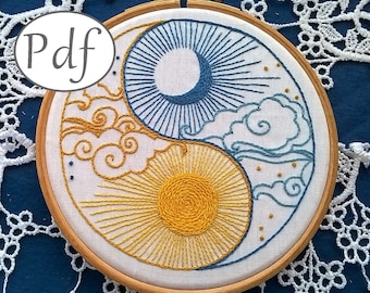 embroidery pattern pdf - sun and moon yin yang  - beginner embroidery pattern instant download -needlework tutorial - Instant download