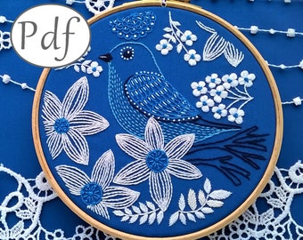 embroidery pattern pdf download - Blue bird and white flowers hand embroidery design - needlework pattern tutorial - modern embroidery