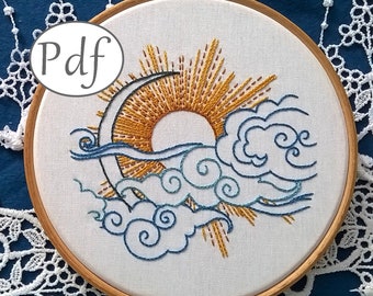 hand embroidery pattern pdf - sun and moon design - beginner modern embroidery pattern- sun and moon needlework instant download