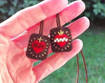 Mini Hand embroidered brown scapular with Sacred Heart and Immaculate Heart - catholic gift made in France