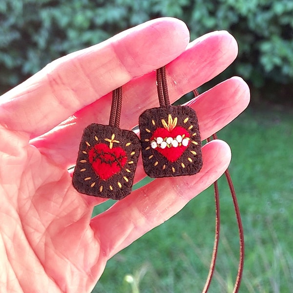 Mini Hand embroidered brown scapular with Sacred Heart and Immaculate Heart - catholic gift made in France