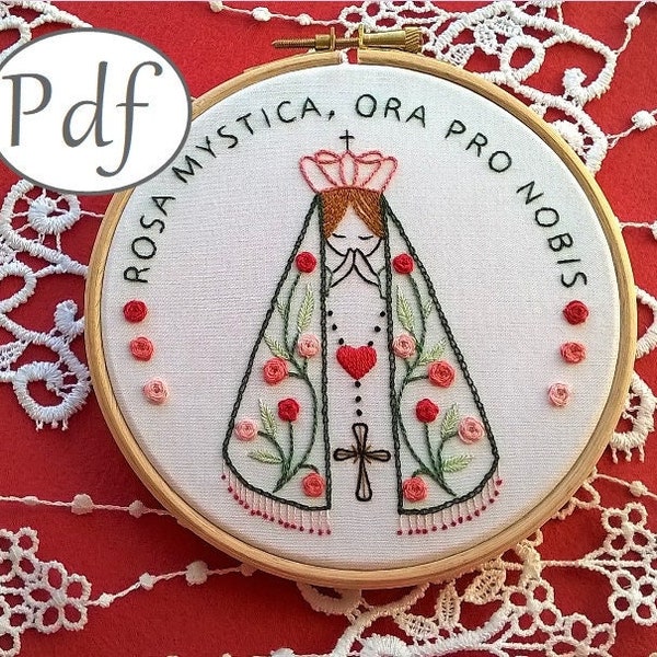 hand embroidery pattern pdf, Virgin Mary "mystic rose" embroidery design - Christian Needlepoint instant download - Litany of Loreto