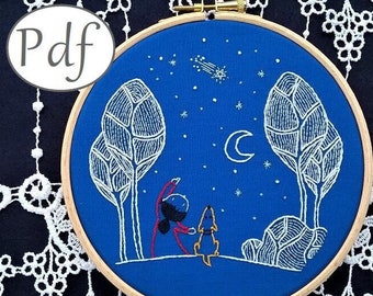 pdf motif de broderie traditionnelle - nuit étoilée -   la fille et son chien, au clair de lune - modèle de  broderie à télécharger