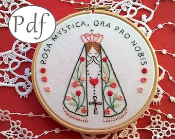 hand embroidery pattern pdf, Virgin Mary "mystic rose" embroidery design - Christian Needlepoint instant download - Litany of Loreto