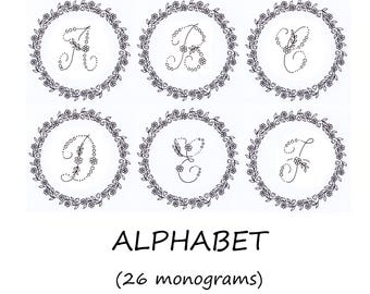 Hand Embroidery PDF, embroidery fonts : 26 monograms, alphabet with Floral Wreath, Beginner Needlepoint Design - letter Embroidery Pattern