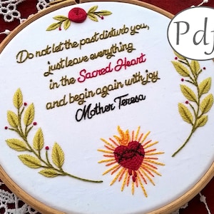 hand embroidery pattern pdf , mother Teresa quote and Sacred Heart -  catholic embroidery pattern - Needlepoint instant download pattern