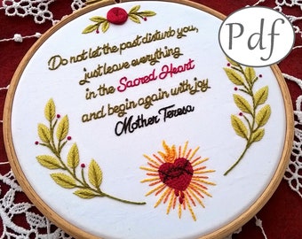 hand embroidery pattern pdf , mother Teresa quote and Sacred Heart -  catholic embroidery pattern - Needlepoint instant download pattern