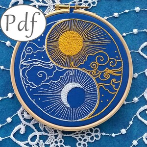 instant download embroidery pattern sun and moon and yin yang beginner embroidery pattern needlework tutorial easy stitching image 1