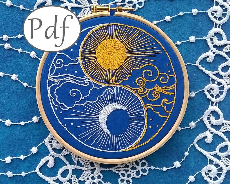 instant download embroidery pattern sun and moon and yin yang beginner embroidery pattern needlework tutorial easy stitching image 1