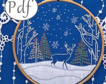 PDF Embroidery pattern - Christmas design with deer and snowflakes - starry night and deer - winter design - Instant download tutorial