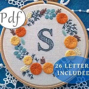 letter embroidery pattern pdf : monogram with floral wreath - Initial design with roses - complete alphabet - needlework instant download