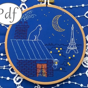 PDF pattern - Paris by night hand embroidery pattern - cat and moon design -  stitching tutorial instant download - Eiffel Tower decor