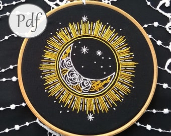 hand embroidery pattern pdf - sun and moon - beginner modern embroidery pattern- sun and moon needlework instant download