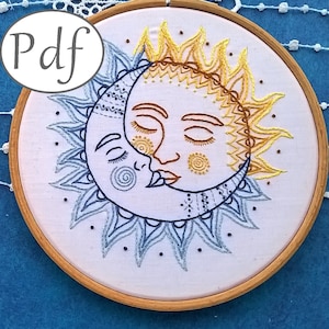 hand embroidery pattern pdf - sun and moon design - beginner modern embroidery pattern- Valentine's day needlework instant download