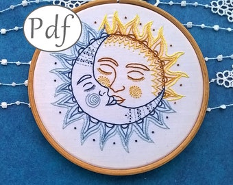 hand embroidery pattern pdf - sun and moon design - beginner modern embroidery pattern- Valentine's day needlework instant download