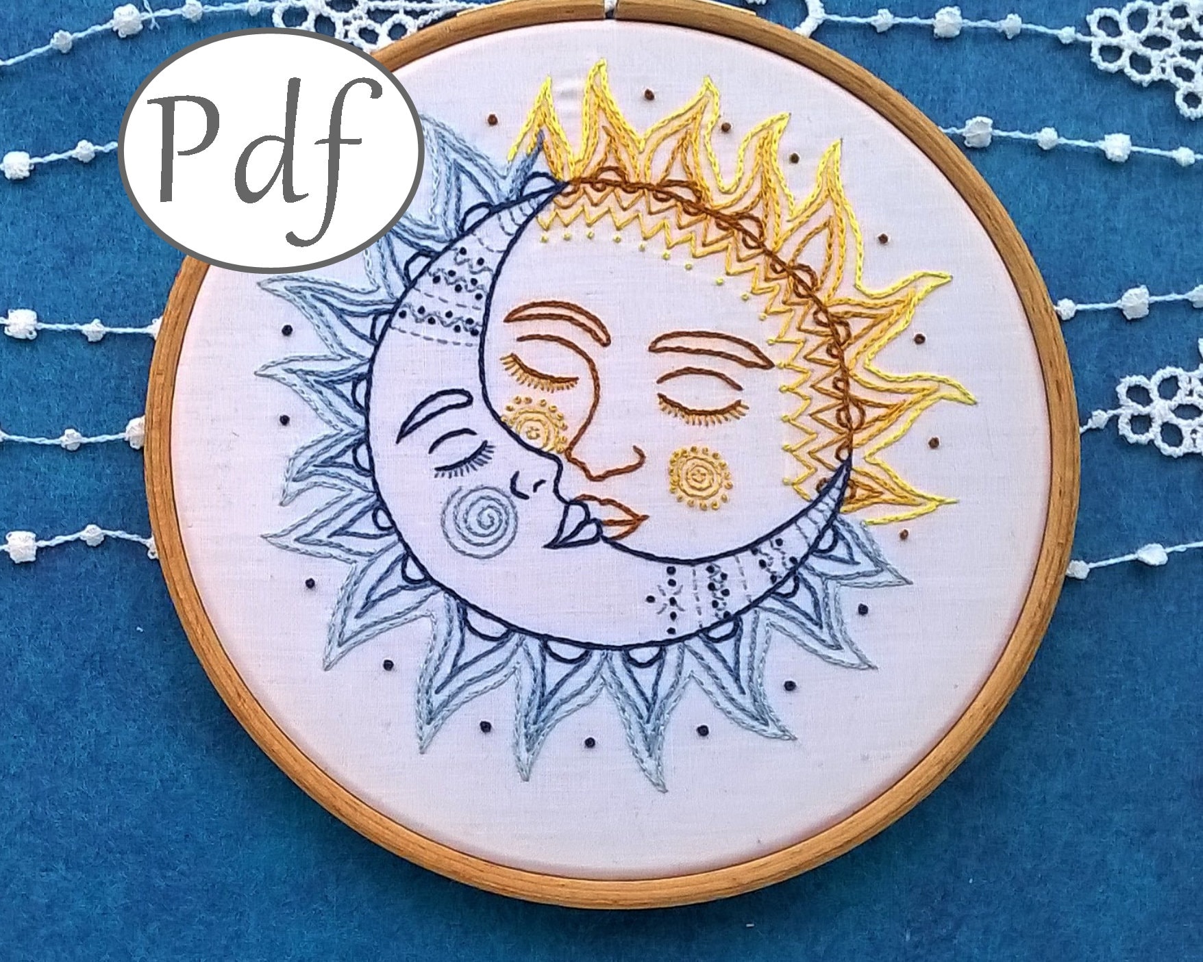 Hand Embroidery Pattern Pdf Sun and Moon Design Beginner Etsy Canada