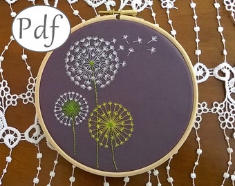 pdf Hand Embroidery pattern, dandelion , digital download design and tutorial needlepoint, DIY wall art, spring decor hoop art