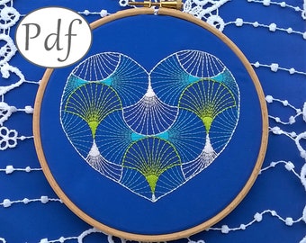 Hand embroidery pattern pdf - heart art deco design - instant download needlepoint beginner - modern embroidery hoop